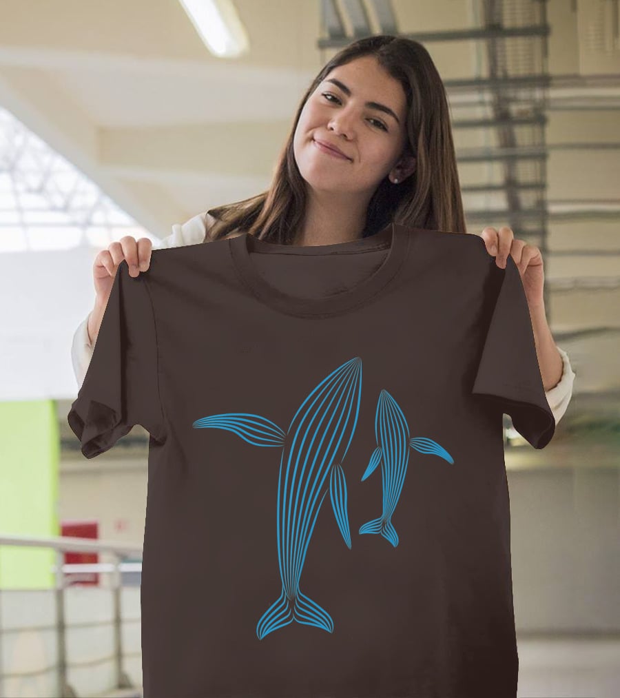 Save The Whales Blue Line Art Humpback Whale Pair Awareness T-Shirt