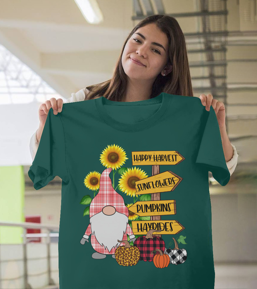 Happy Harvest Sunflowers Pumpkins Hayrides Gnome T-Shirt