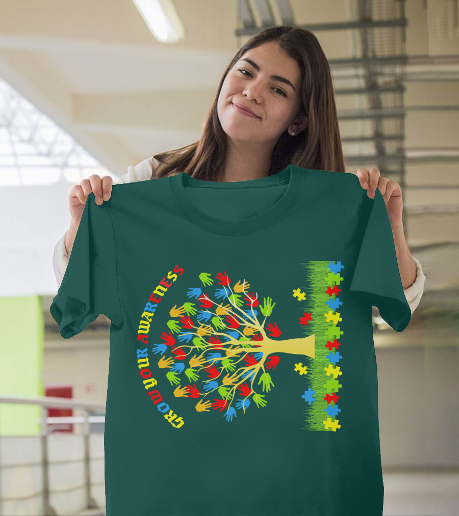 Grow Your Awareness Tree Of Colored Hands And Puzzle Pieces T-Shirt