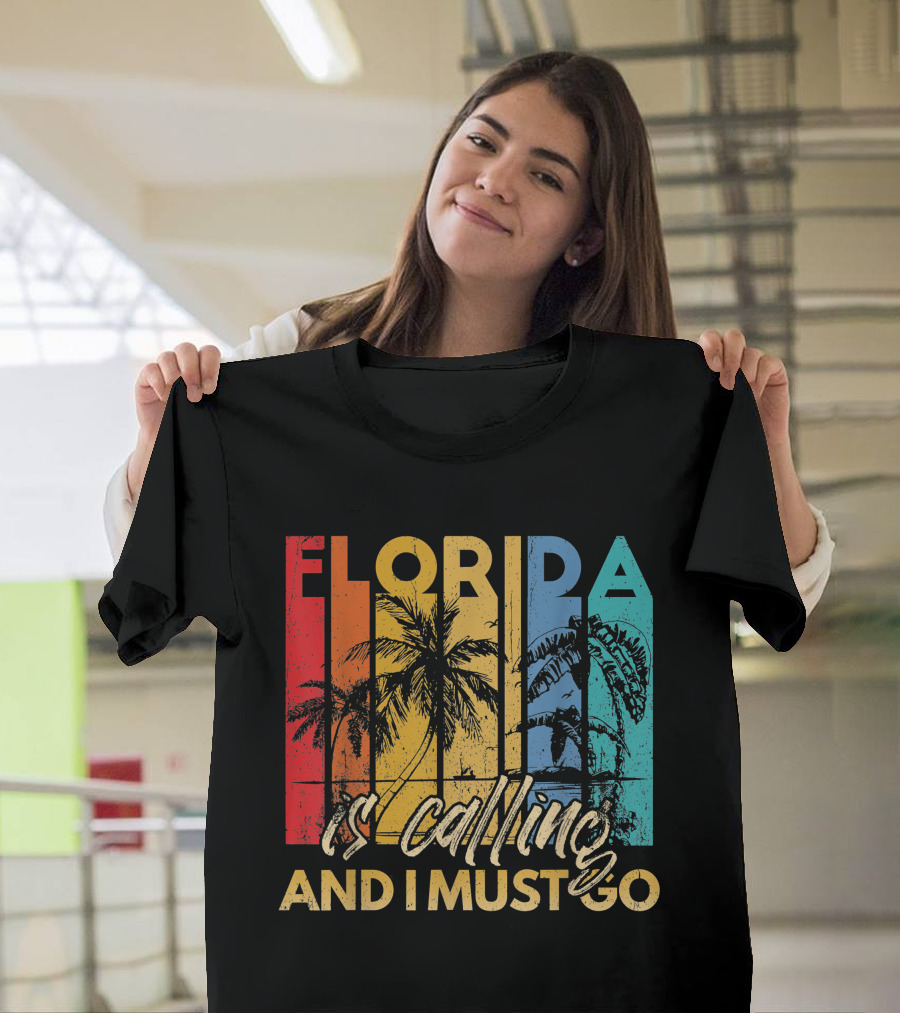 Florida Is Calling And I Must Go Beach Vacation Summer Retro Palm Trees T-Shirt