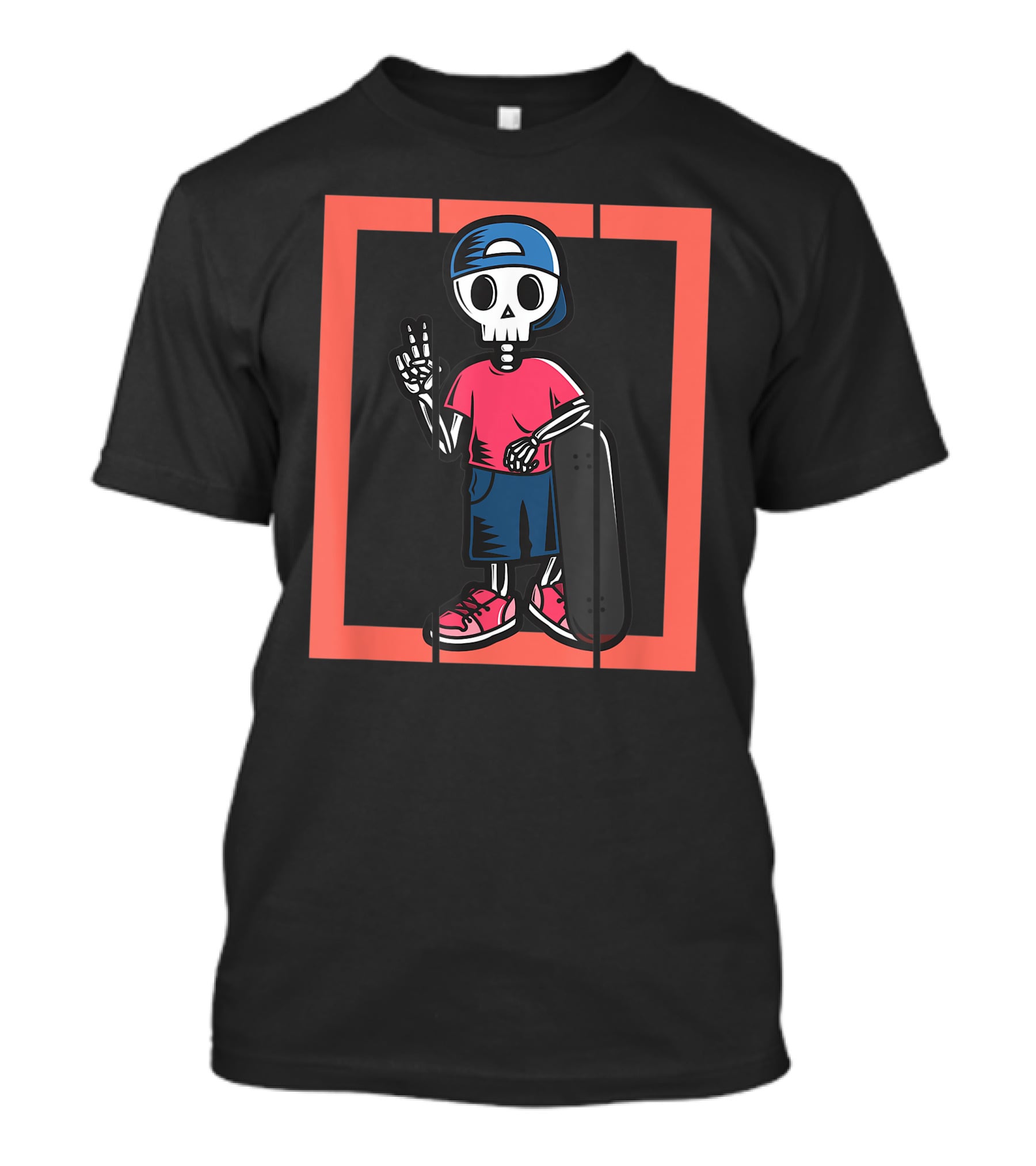 Scary Freaky Spooky Creepy Halloween Skeleton Skater Kid In Cap And Red Sneakers T-Shirt