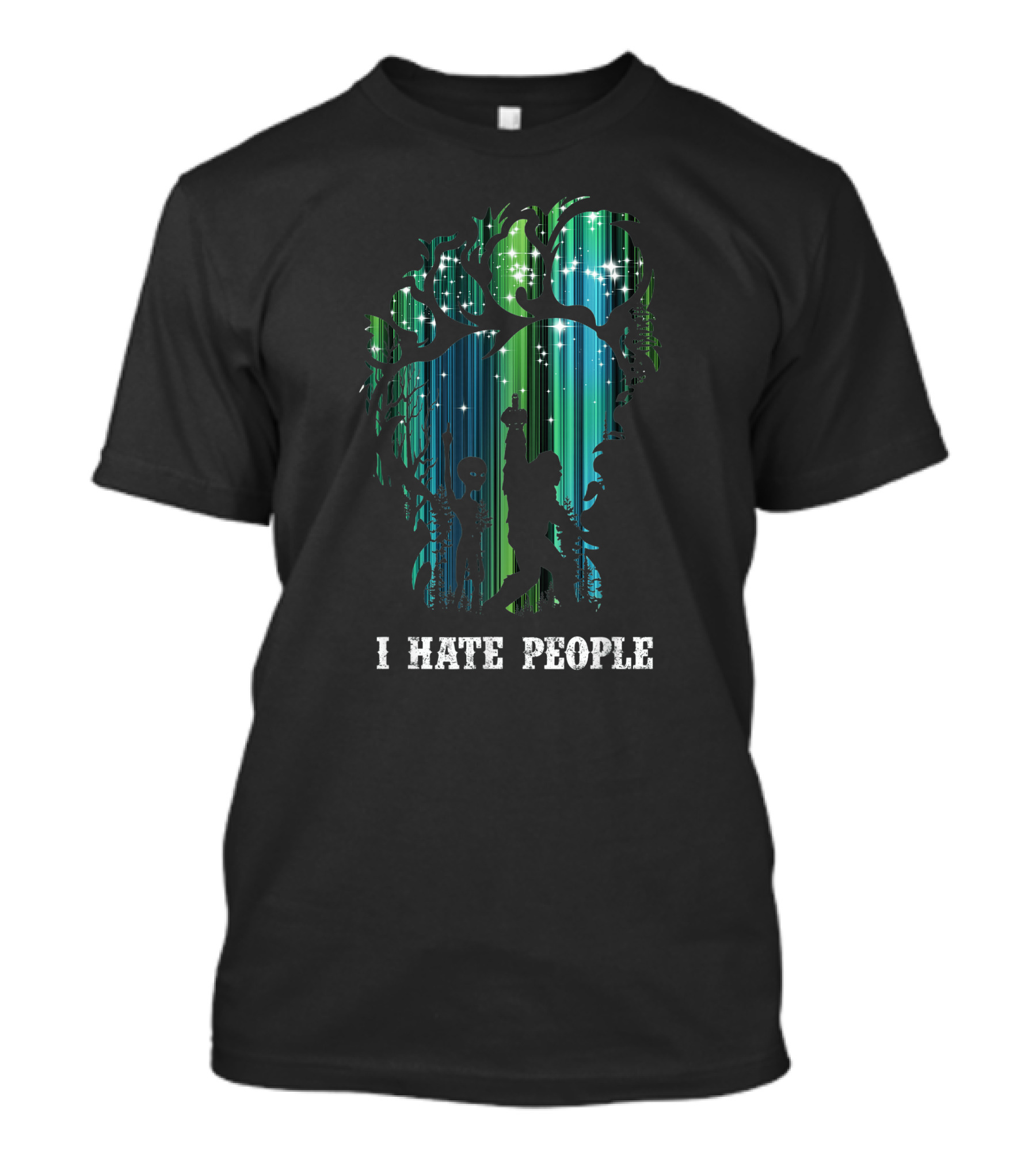 Alien Bigfoot Middle Finger I Hate People Camping Forest Scene T-Shirt
