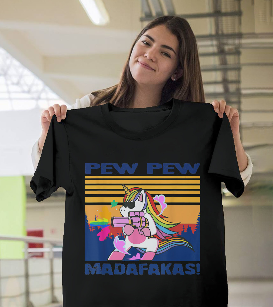 Pew Pew Madafakas Funny Unicorn with Rainbow Gun and Sunglasses T-Shirt