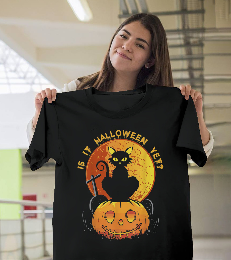 Is It Halloween Yet Funny Cat Pumpkin With Full Moon And Witch's Broom T-Shirt