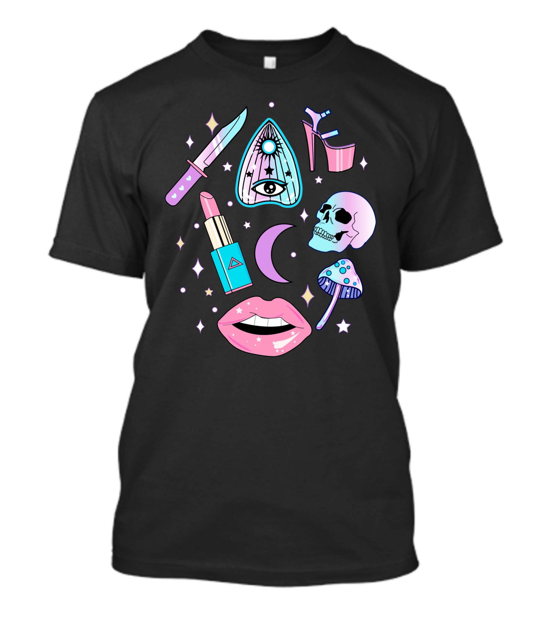 Pastel Goth Kawaii Witch Creepy Knife Skull Lipstick Moon Stars Mushroom Heels Ouija T-Shirt