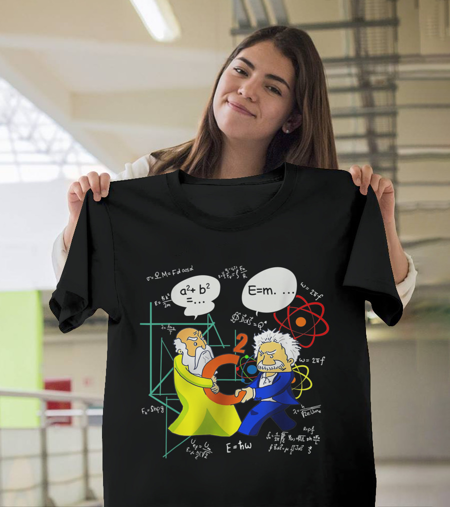 Pythagoras Einstein Battle Funny Science Equations Showdown T-Shirt