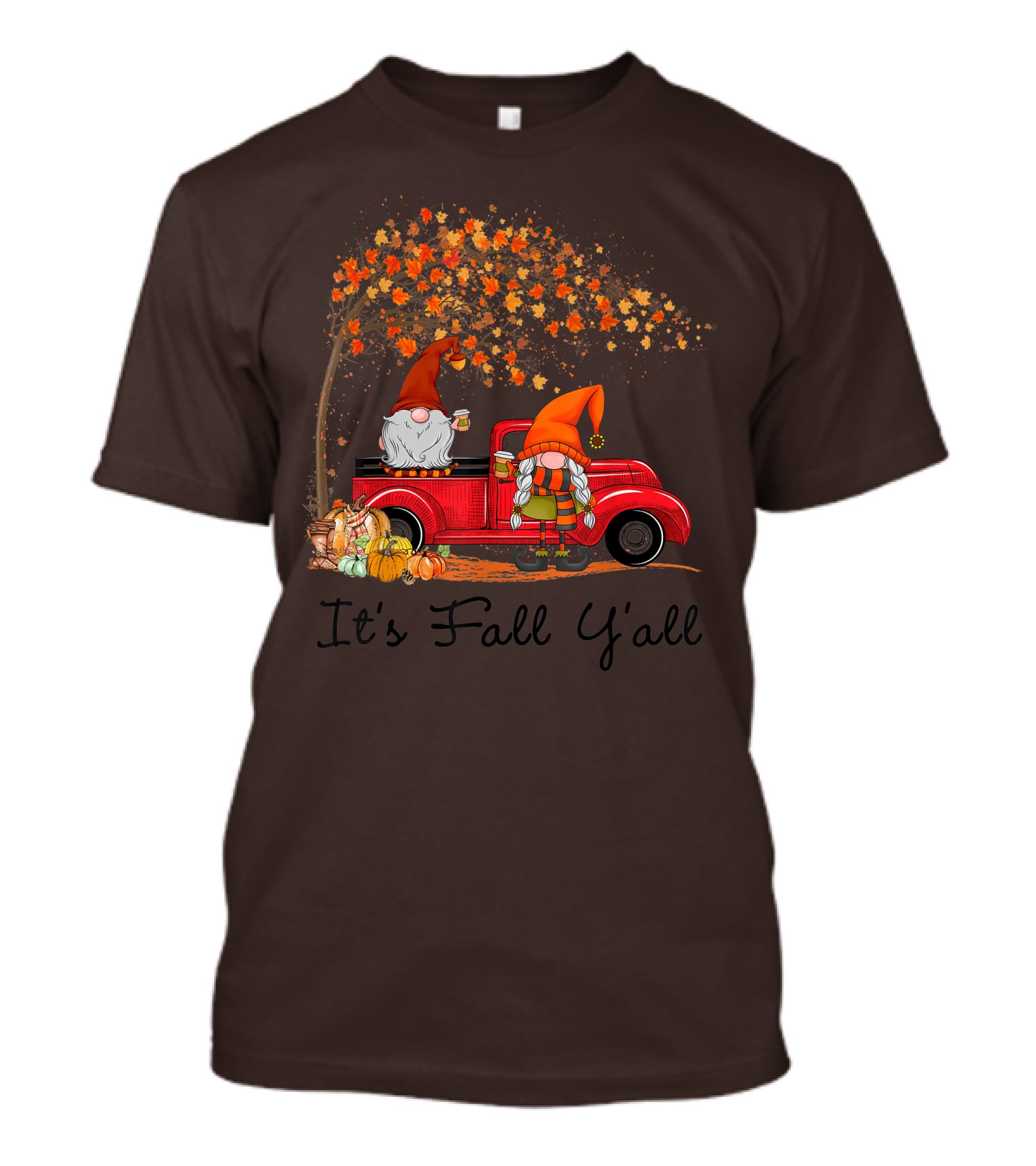 It's Fall Y'all Cute Gnomes Pumpkin Autumn Tree Fall Leaves Red Truck T-Shirt