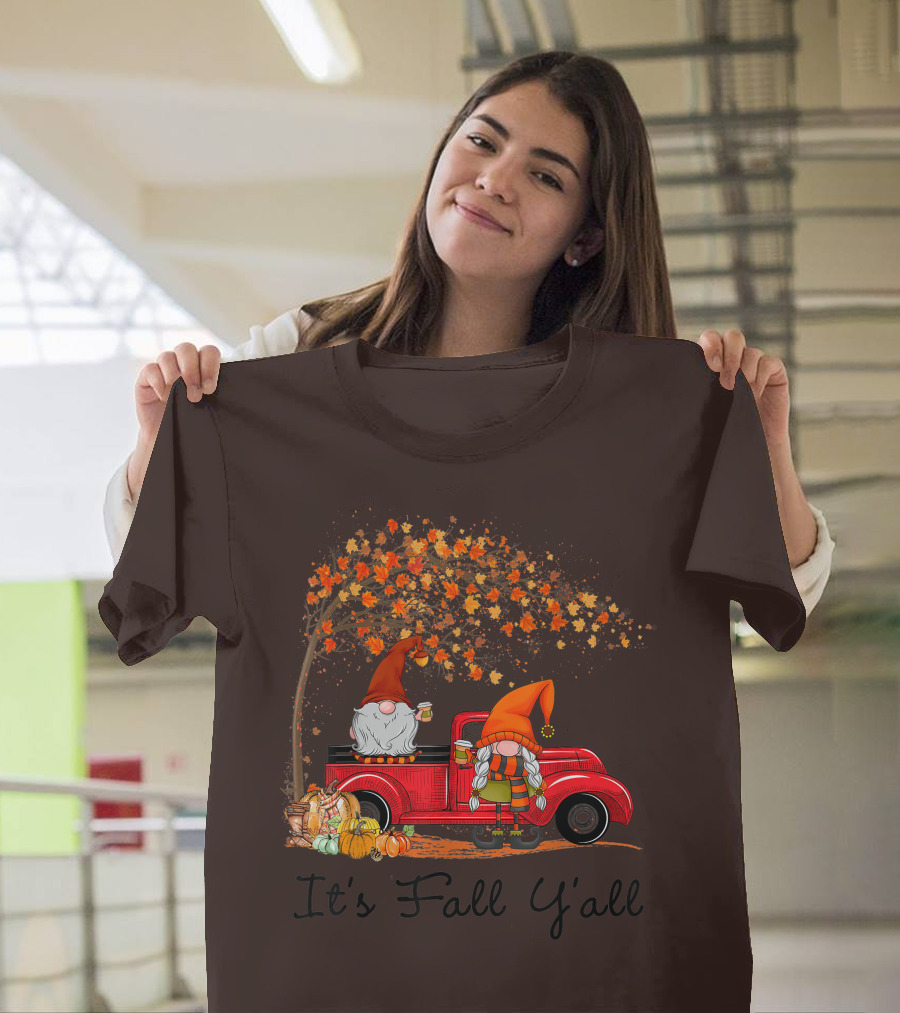 It's Fall Y'all Cute Gnomes Pumpkin Autumn Tree Fall Leaves Red Truck T-Shirt