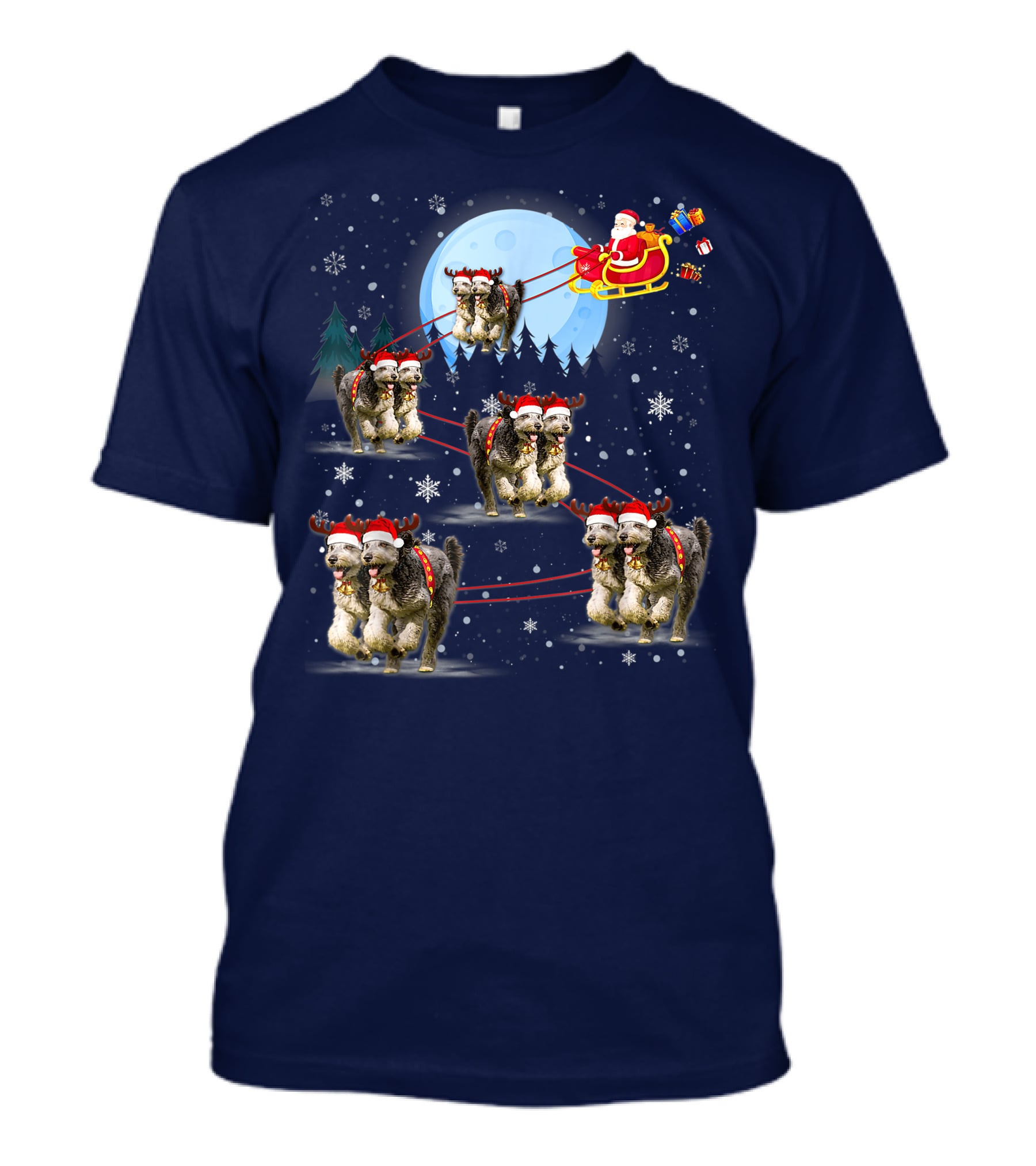 Funny Reindeer Santa With Dogs Pulling Sleigh By Moonlight T-Shirt