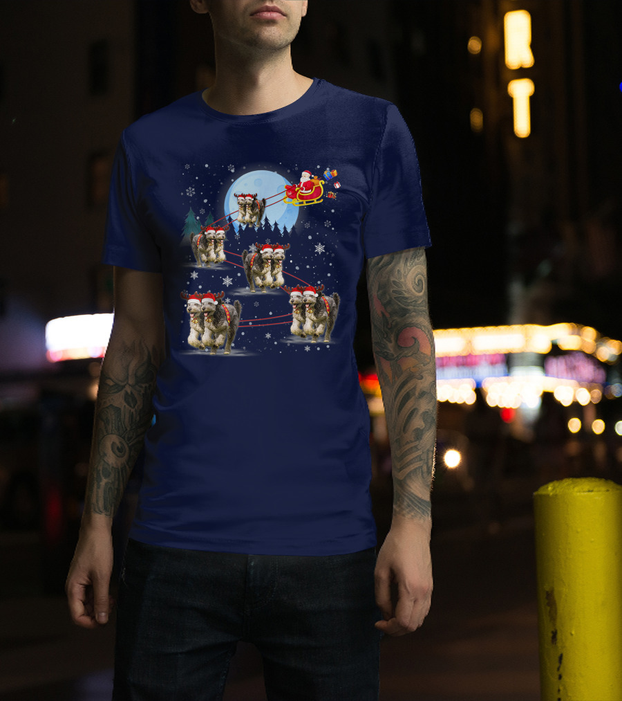 Funny Reindeer Santa With Dogs Pulling Sleigh By Moonlight T-Shirt