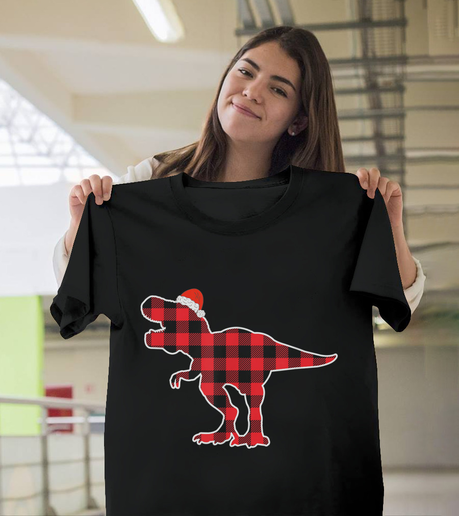 Red Plaid Dinosaur Wearing Santa Hat T-Shirt
