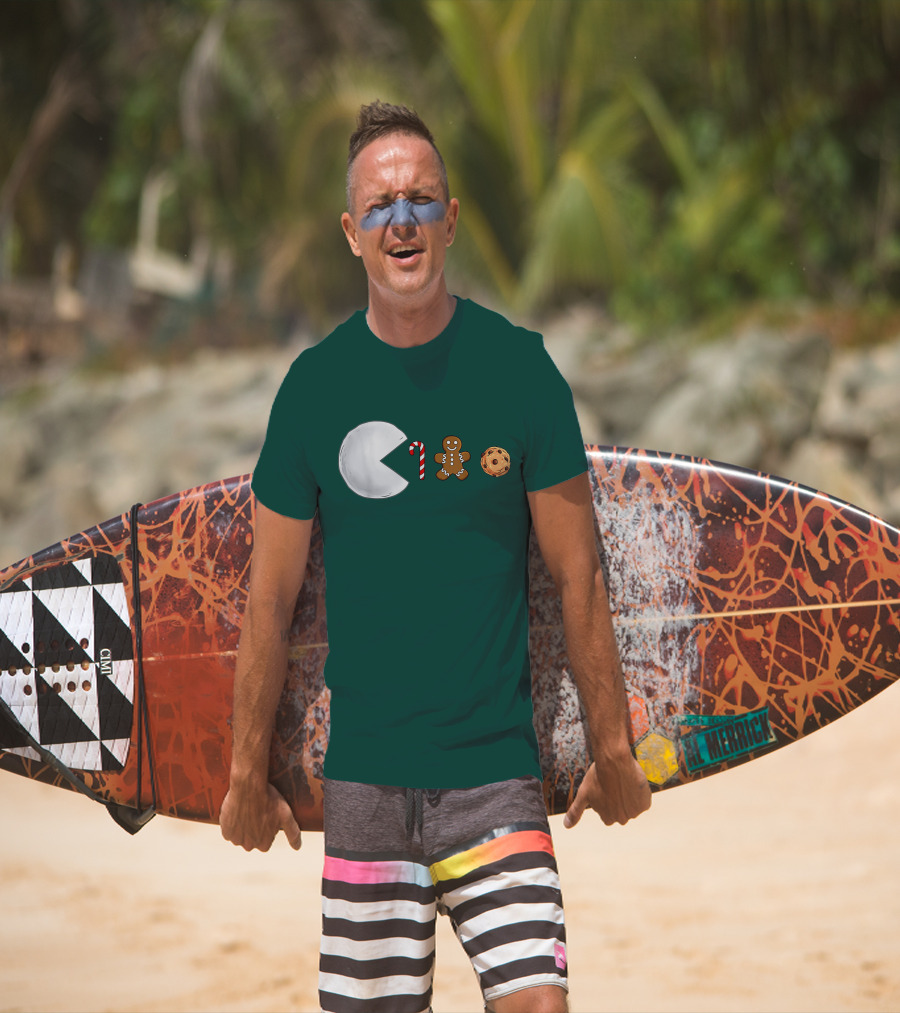 Christmas Snowball Candy Cane Gingerbread Cookie Pac-Man T-Shirt