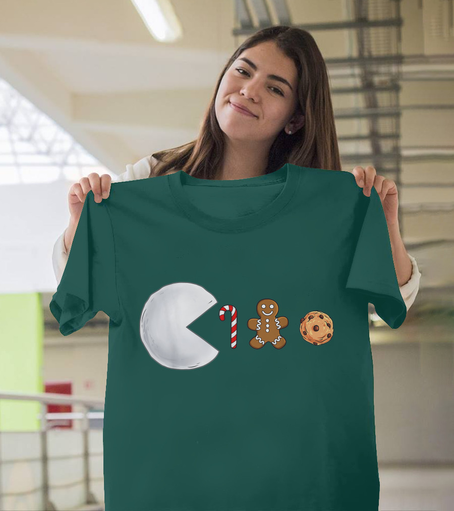 Christmas Snowball Candy Cane Gingerbread Cookie Pac-Man T-Shirt