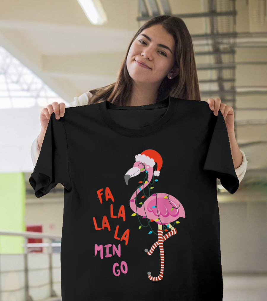 Fa La La La Flamingo Christmas Santa Hat Lights T-Shirt