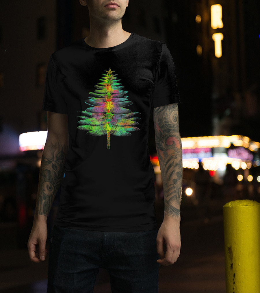 Funny Dragonfly Christmas Tree Multicolored Wings T-Shirt
