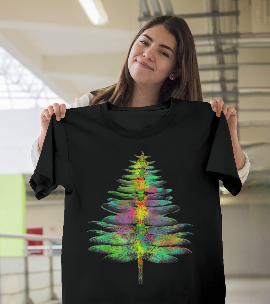Funny Dragonfly Christmas Tree Multicolored Wings T-Shirt