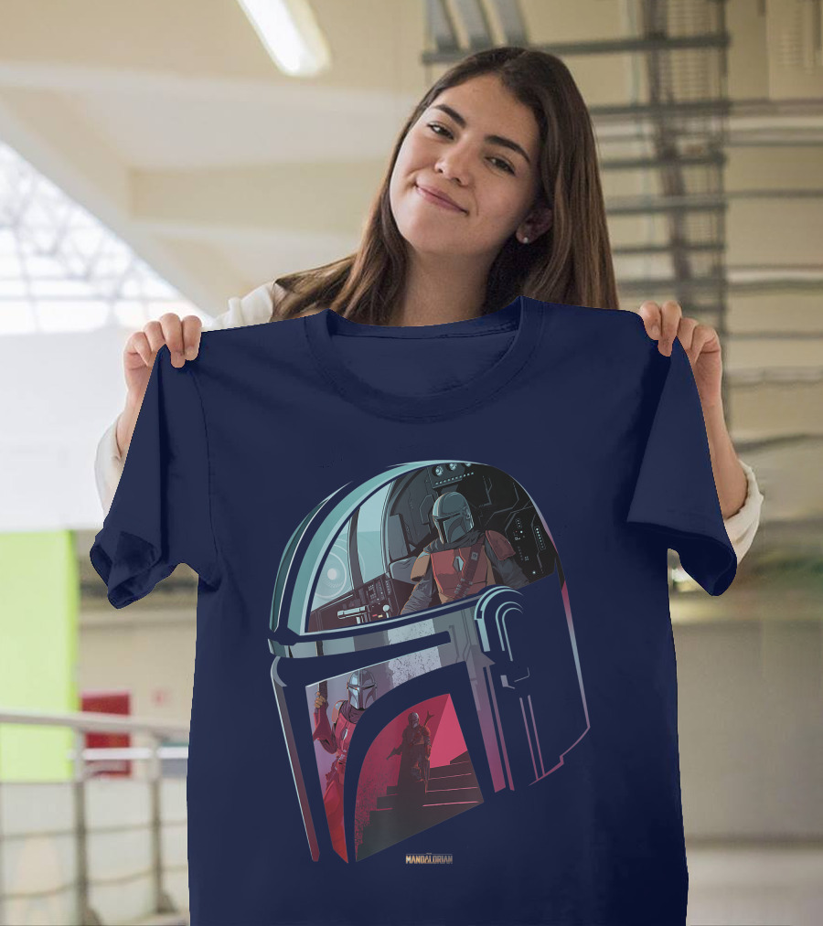 Star Wars The Mandalorian Helmet Spaceship Interior Stairs Scene T-Shirt