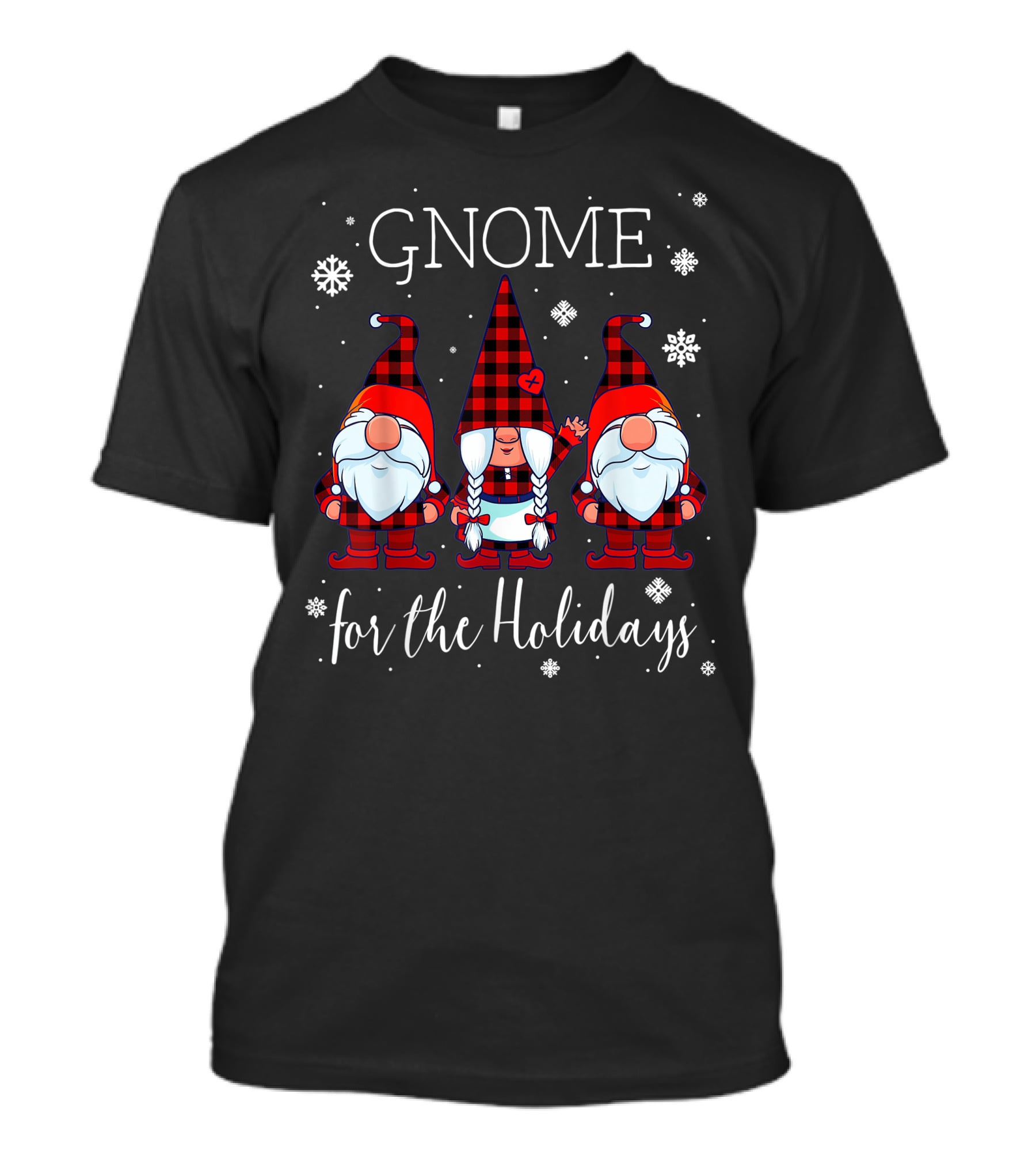 Gnome For The Holidays Buffalo Plaid 3 Gnomes Christmas Snowflakes T-Shirt