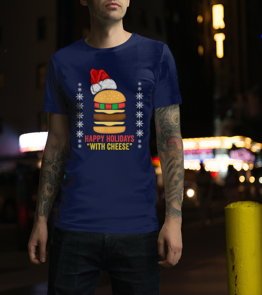 Happy Holidays With Cheese Christmas Cheeseburger Santa Hat Snowflakes T-Shirt