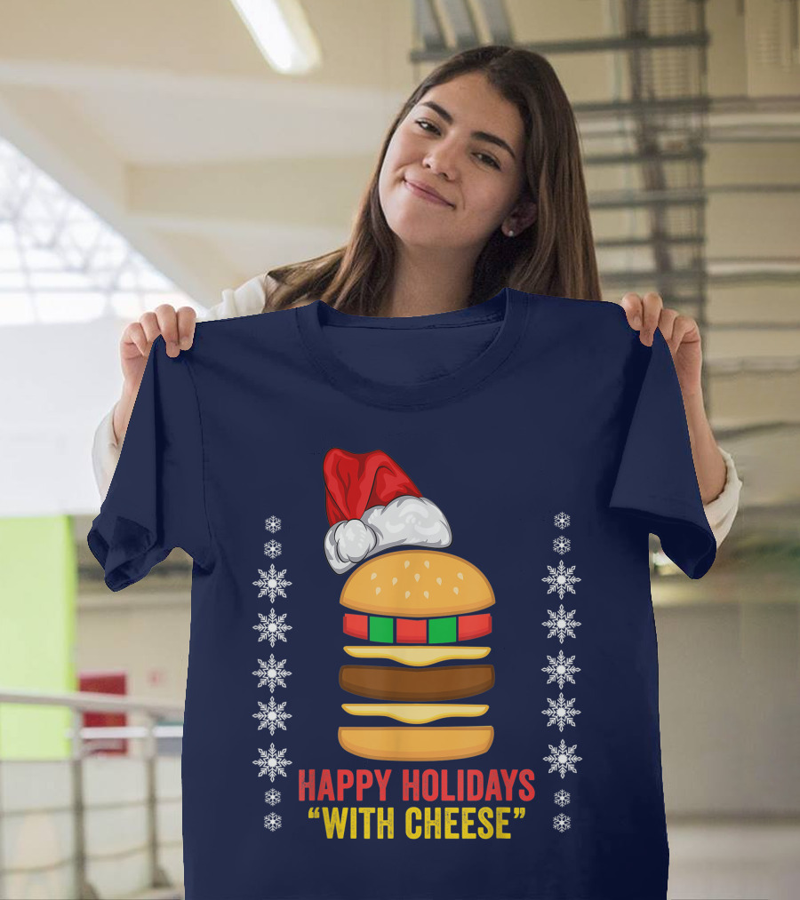 Happy Holidays With Cheese Christmas Cheeseburger Santa Hat Snowflakes T-Shirt