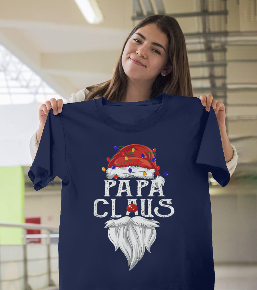 Papa Claus Santa Hat Beard Christmas Lights T-Shirt