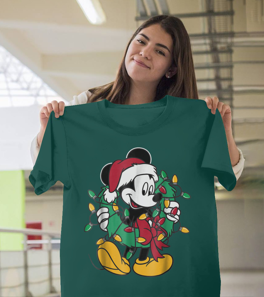 Disney Mickey Mouse Santa Hat Christmas Lights Wreath T-Shirt