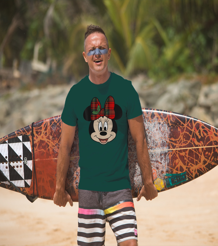 Disney Minnie Mouse Plaid Christmas Bow With Holly T-Shirt