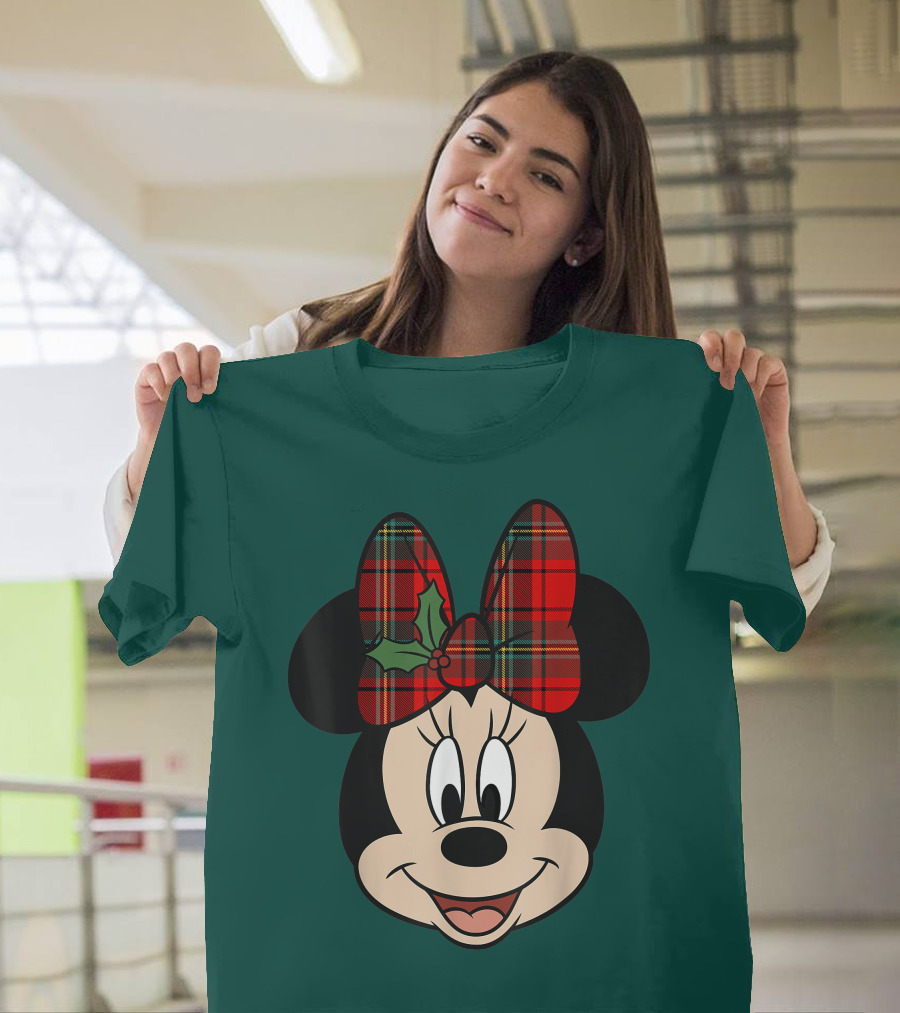 Disney Minnie Mouse Plaid Christmas Bow with Holly T-Shirt