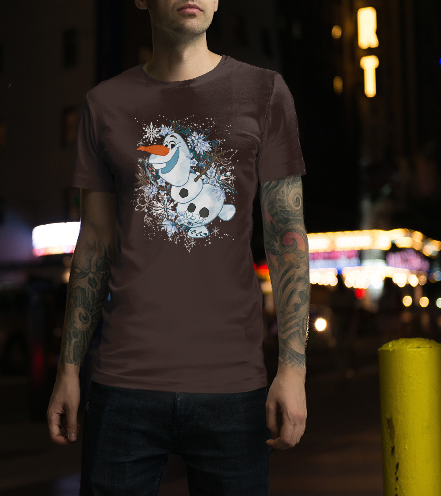 Olaf Dancing Surrounded By Snowflakes And Flowers From Disney Frozen T-Shirt