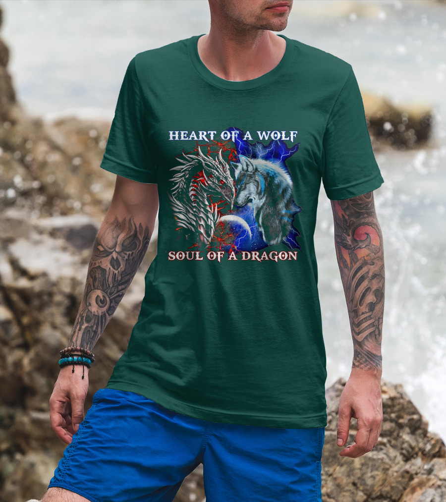 HEART OF A WOLF SOUL OF A DRAGON Wolf Dragon Lightning Planet Cracked Earth T-Shirt