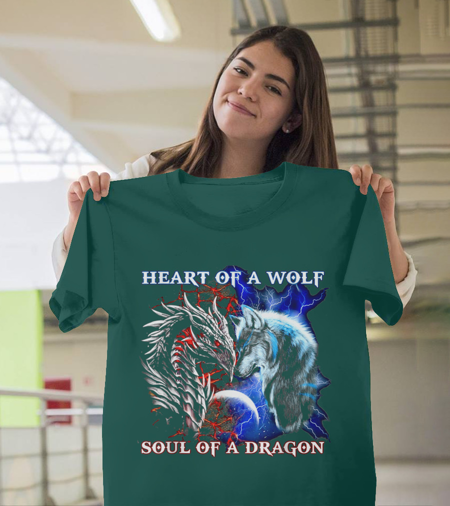 HEART OF A WOLF SOUL OF A DRAGON Wolf Dragon Lightning Planet Cracked Earth T-Shirt