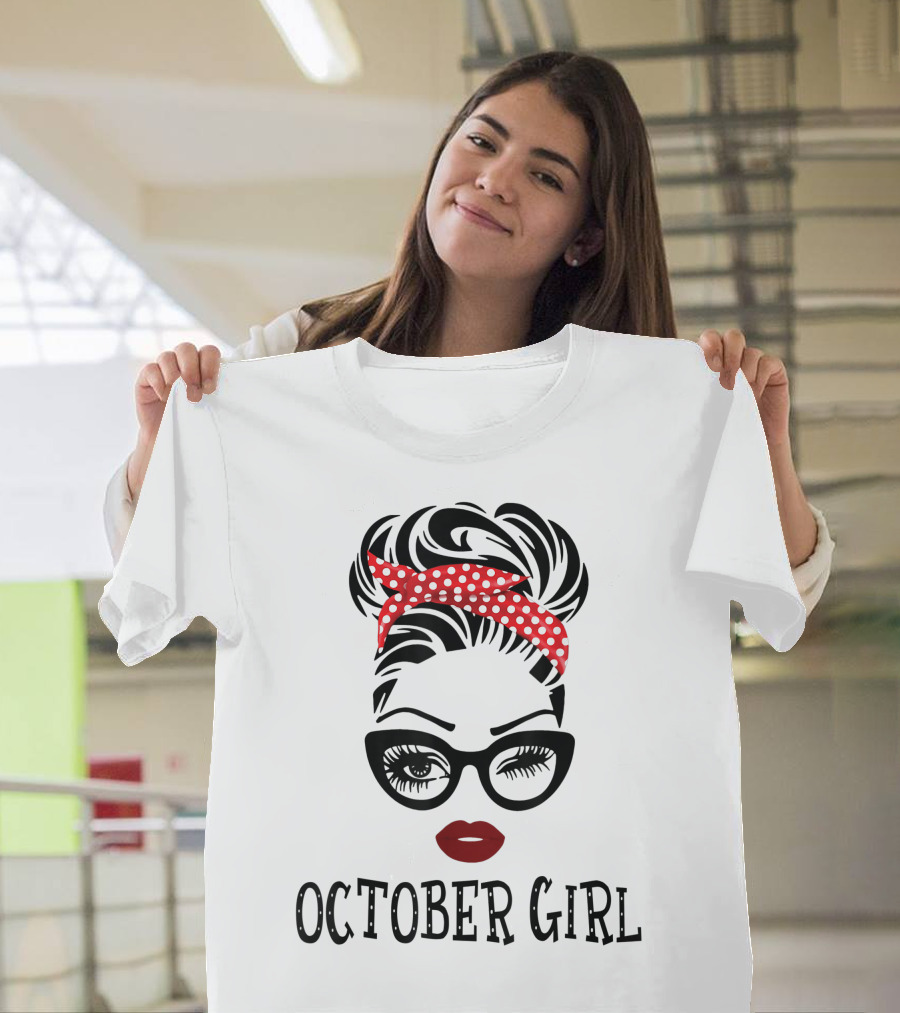 October Girl Woman Face Wink Eyes Red Lipstick Polka Dot Headband T-Shirt