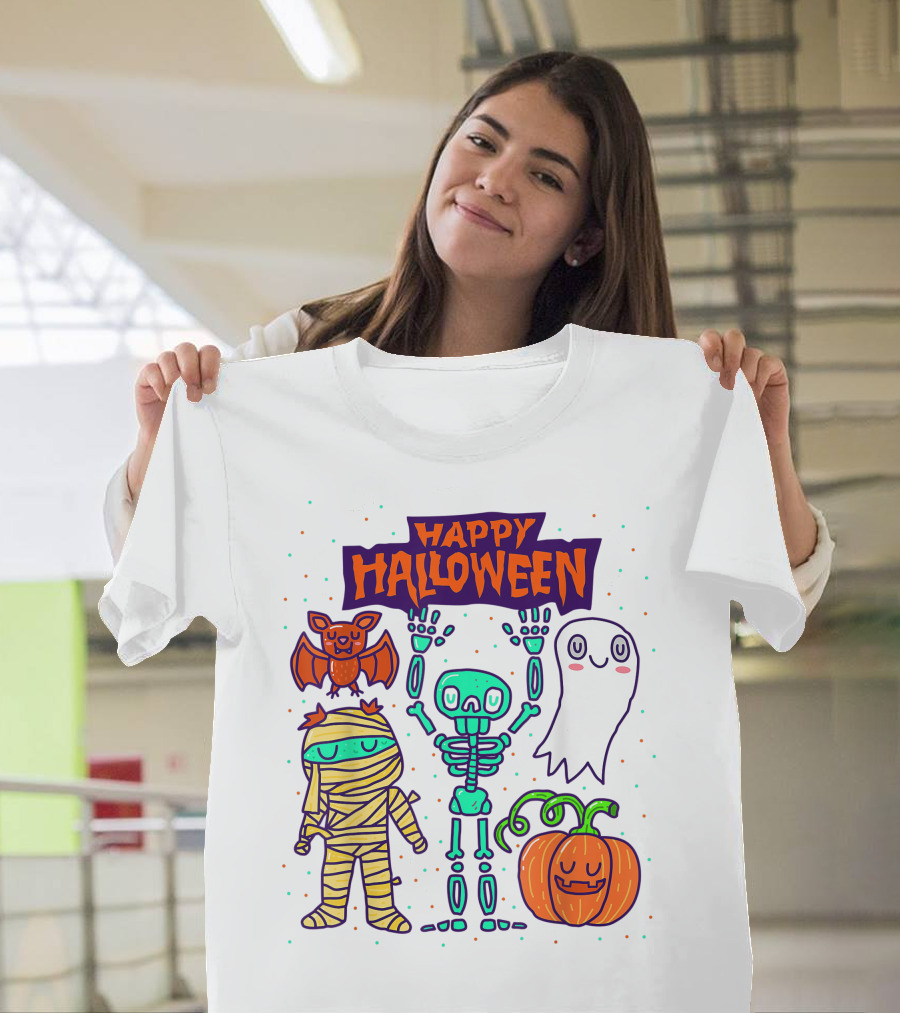 Happy Halloween Skeleton Ghost Pumpkin Mummy Bat T-Shirt