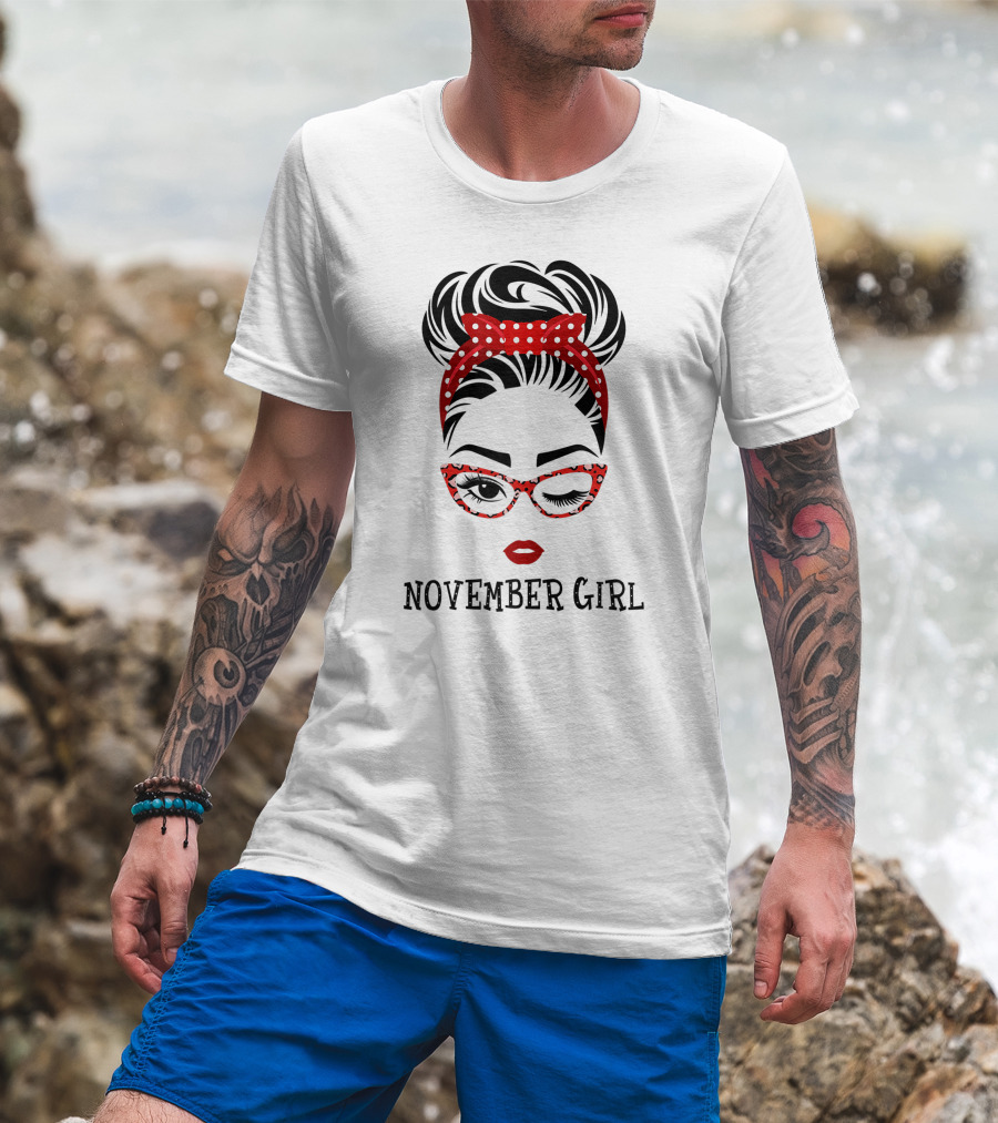November Girl Wink Eye Woman Face Wink Eyes Lady Birthday Red Polka Dot Glasses T-Shirt