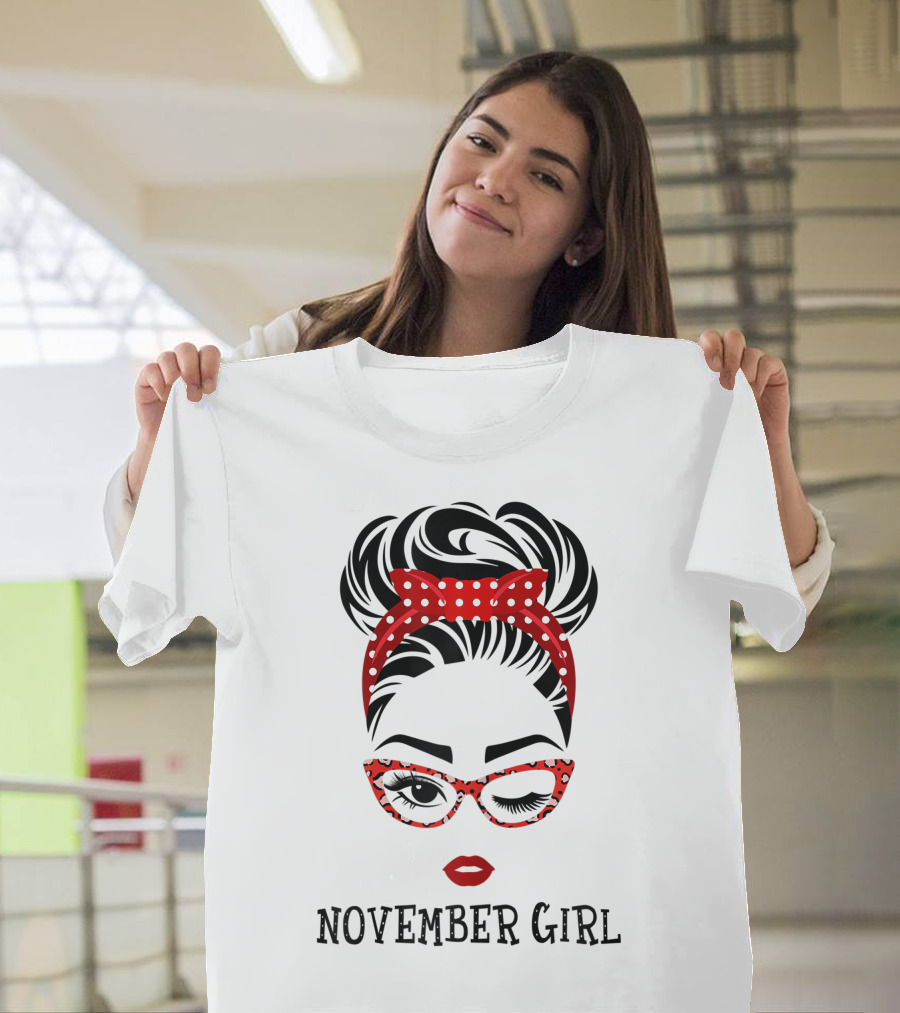 November Girl Wink Eye Woman Face Wink Eyes Lady Birthday Red Polka Dot Glasses T-Shirt