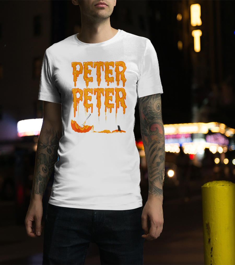 Peter Peter Pumpkin Eater Dripping Orange Text With Fork In Pumpkin T-Shirt