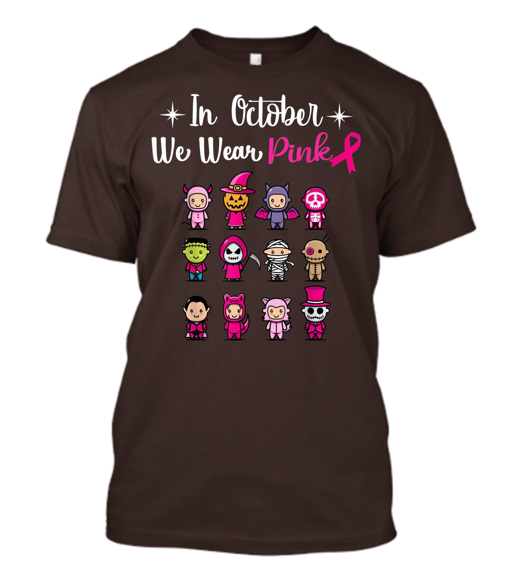 In October We Wear Pink Breast Cancer Awareness Halloween Characters T-Shirt