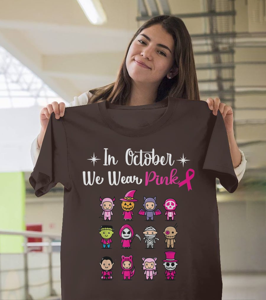In October We Wear Pink Breast Cancer Awareness Halloween Characters T-Shirt