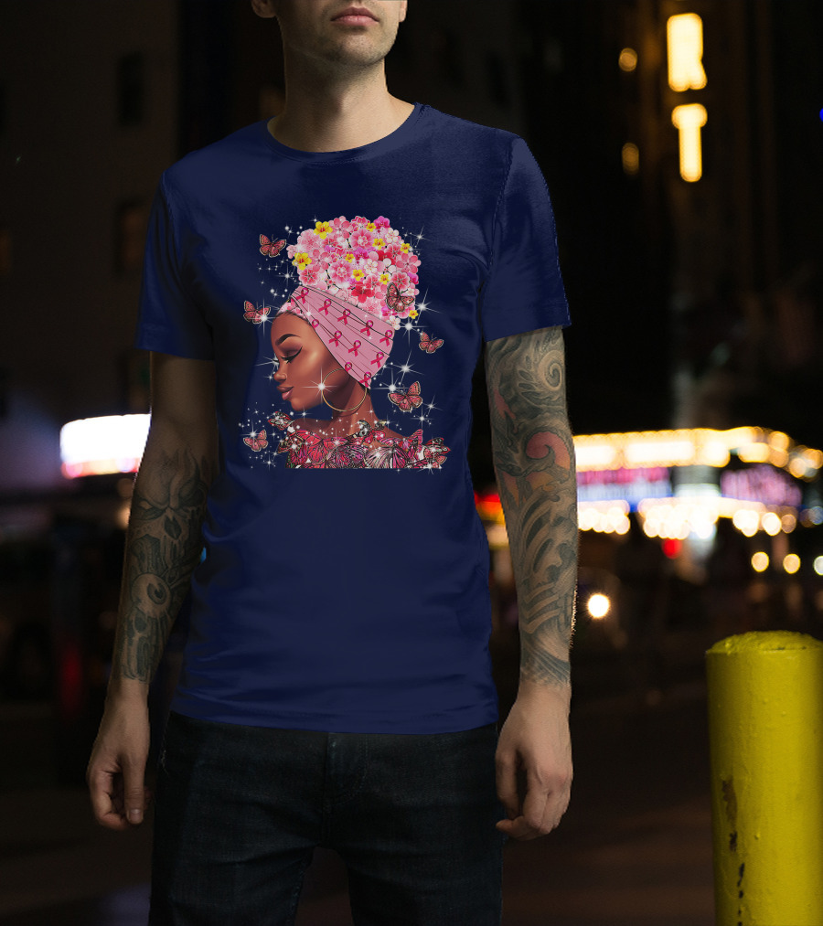 In October We Wear Pink Black Flowers Butterflies Ribbons T-Shirt