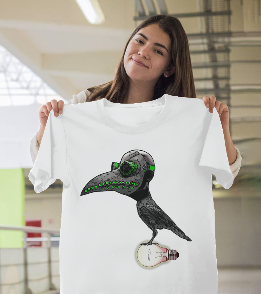 Bird in Plague Doctor Mask Perched on Light Bulb T-Shirt