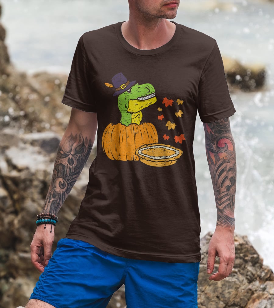 Pilgrim Trex Dinosaur Pumpkin Leaves Pie T-Shirt