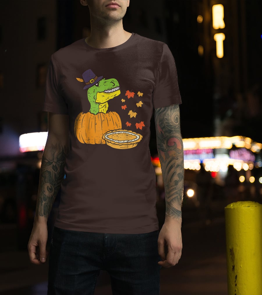 Pilgrim Trex Dinosaur Pumpkin Leaves Pie T-Shirt
