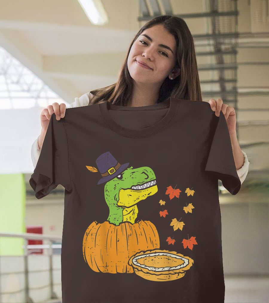 Pilgrim Trex Dinosaur Pumpkin Leaves Pie T-Shirt