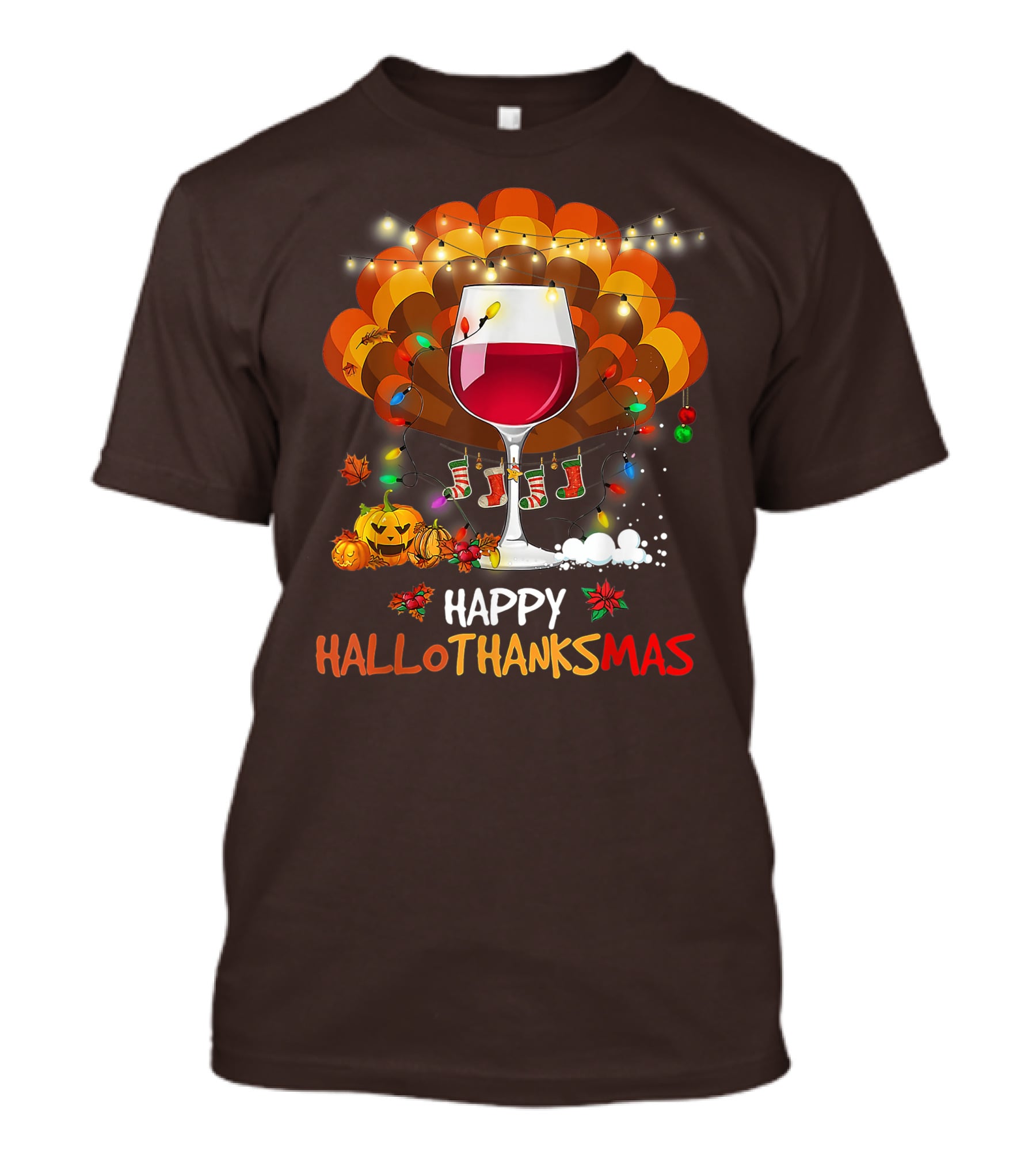 Happy Hallothanksmas Wine Glass Thanksgiving Funny Wine T-Shirt