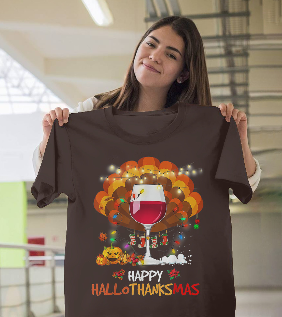 Happy Hallothanksmas Wine Glass Thanksgiving Funny Wine T-Shirt