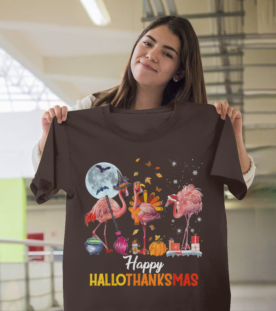 Happy Hallothanksmas Flamingo Halloween Merry Christmas T-Shirt