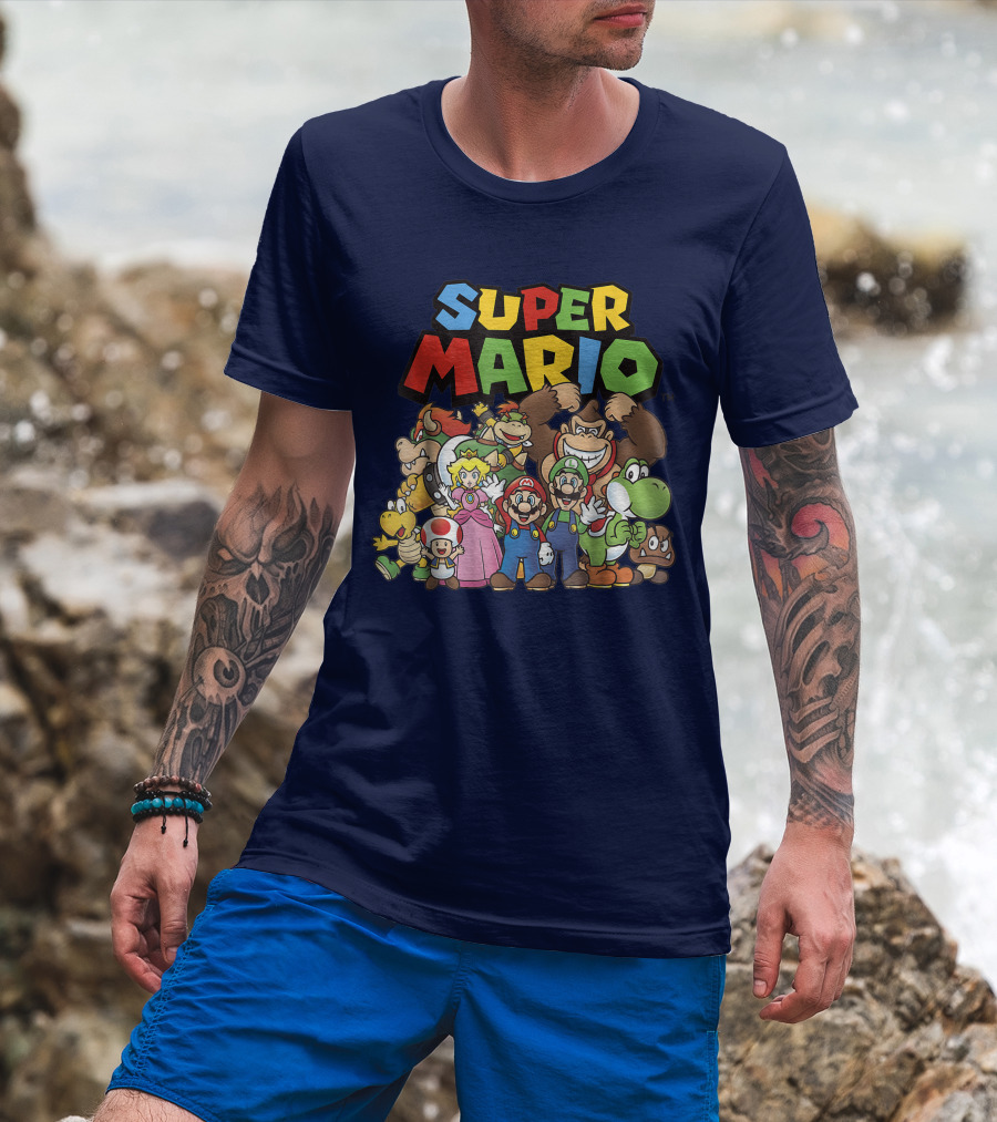 Super Mario Funny Full Cast Group Characters Bowser Donkey Kong Yoshi Luigi Princess Peach Toad T-Shirt