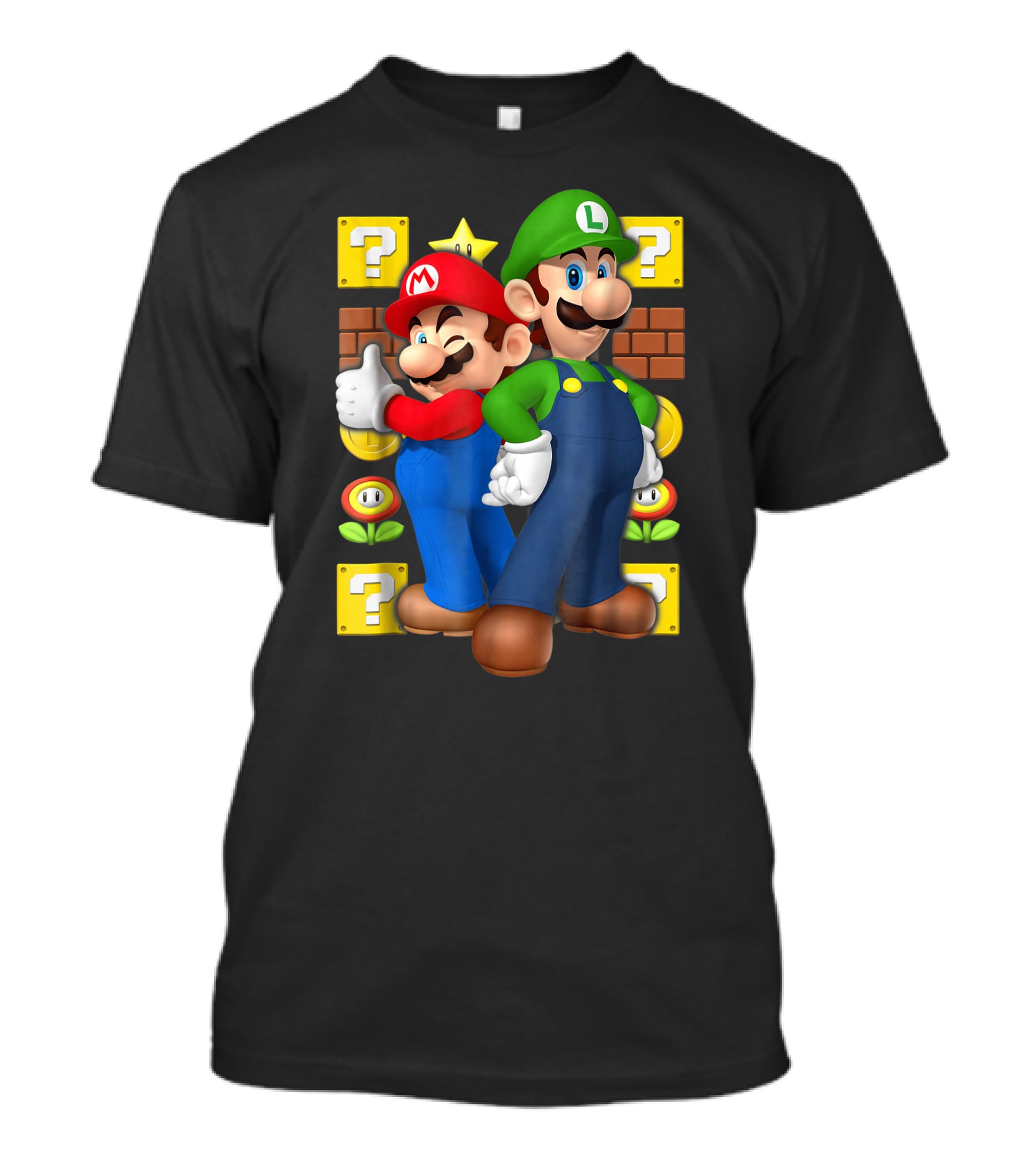 Super Mario Brothers Mario And Luigi With Question Blocks And Power-Up Icons T-Shirt