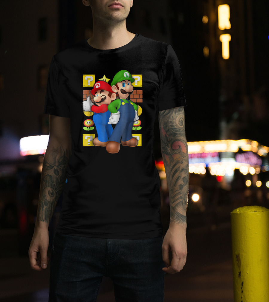 Super Mario Brothers Mario And Luigi With Question Blocks And Power-Up Icons T-Shirt
