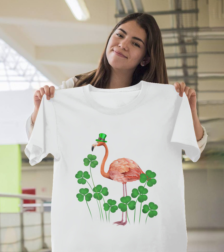 Flamingo with Shamrocks and Leprechaun Hat T-Shirt